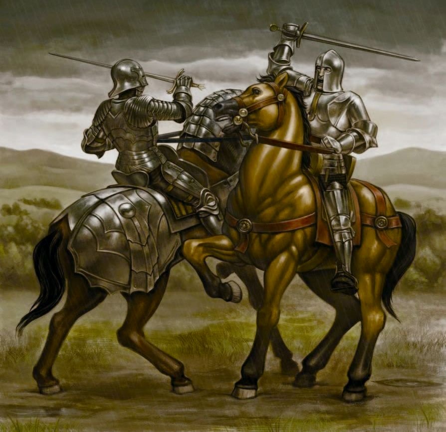 和康多铁里（右）交战的敕令骑士，虽然意大利人的盔甲和装备都很精良，但是组织能力和战斗意志都不如法国人，因此也很难胜利