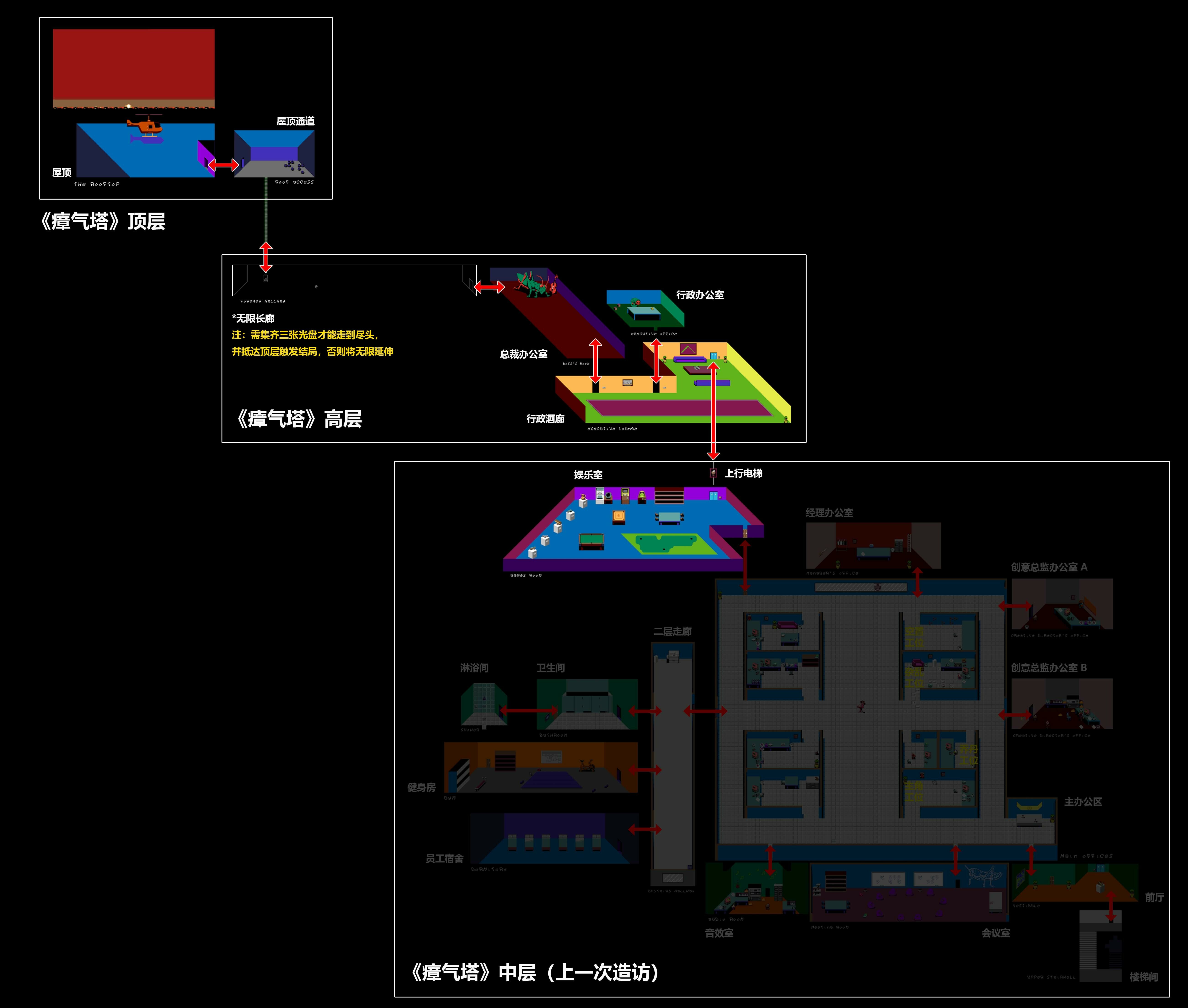 《瘴气塔》高层及顶层地图/图：UFO 50 Discord @xybur