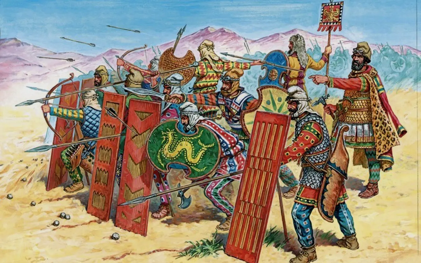 现代人对于阿契美尼德军队复原的插画，作为指挥官的波斯人身穿鳞甲，这和一些记载相近