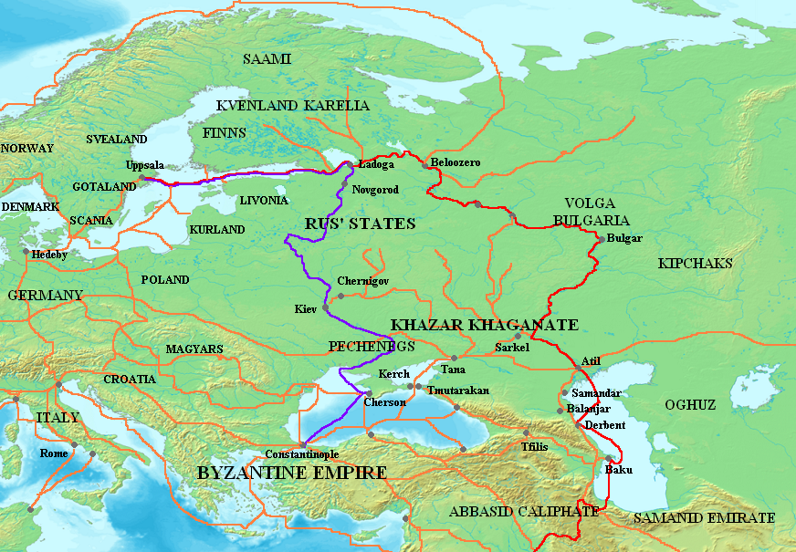 紫色路线即为从瓦兰吉人到希腊人的贸易路线
