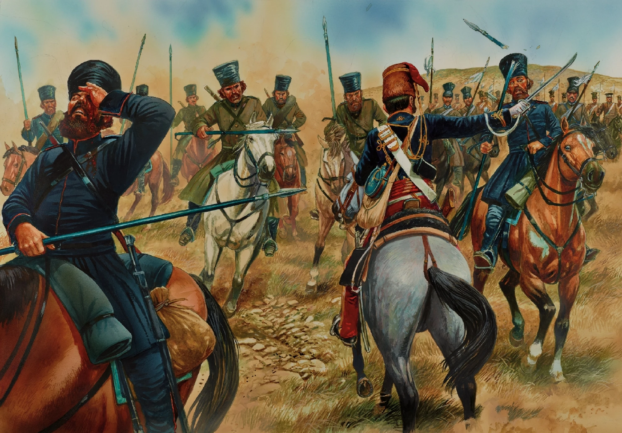 巴拉克拉瓦之战中，英军第11骠骑兵团士兵威廉·本宁顿迎击冲向他的俄军枪骑兵和哥萨克骑兵，他利用军刀砍击后者的长枪，成功杀出了一条血路