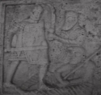 石刻，展现了军团士兵与达契亚人交战的场面，对手使用的就是Falx.