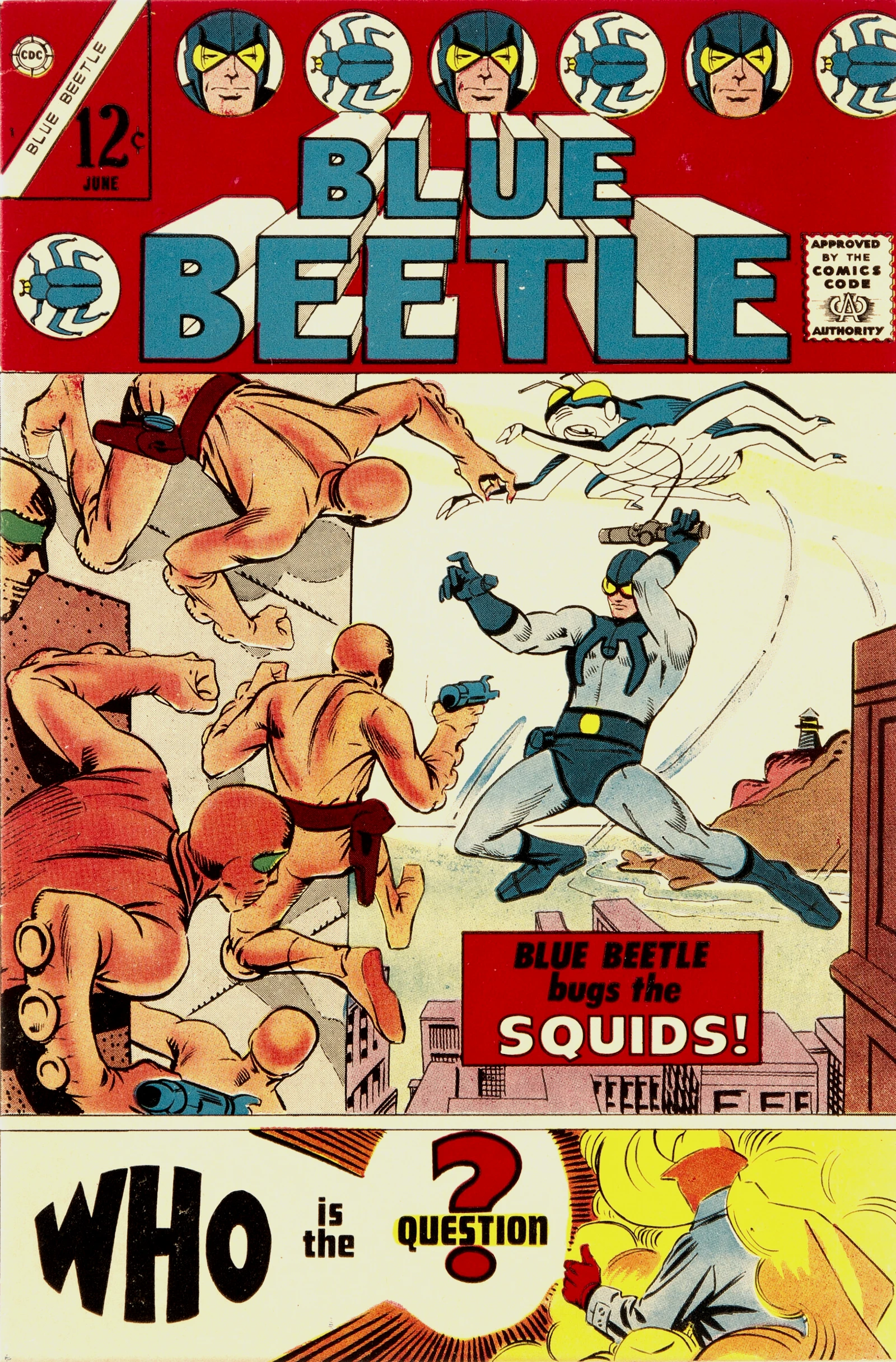 二代蓝甲虫的第一部个人连载漫画Blue Beetle V5 第一期，你能在封面下方看到史蒂夫迪特科创造的另一位经典角色“问者”（The Question）