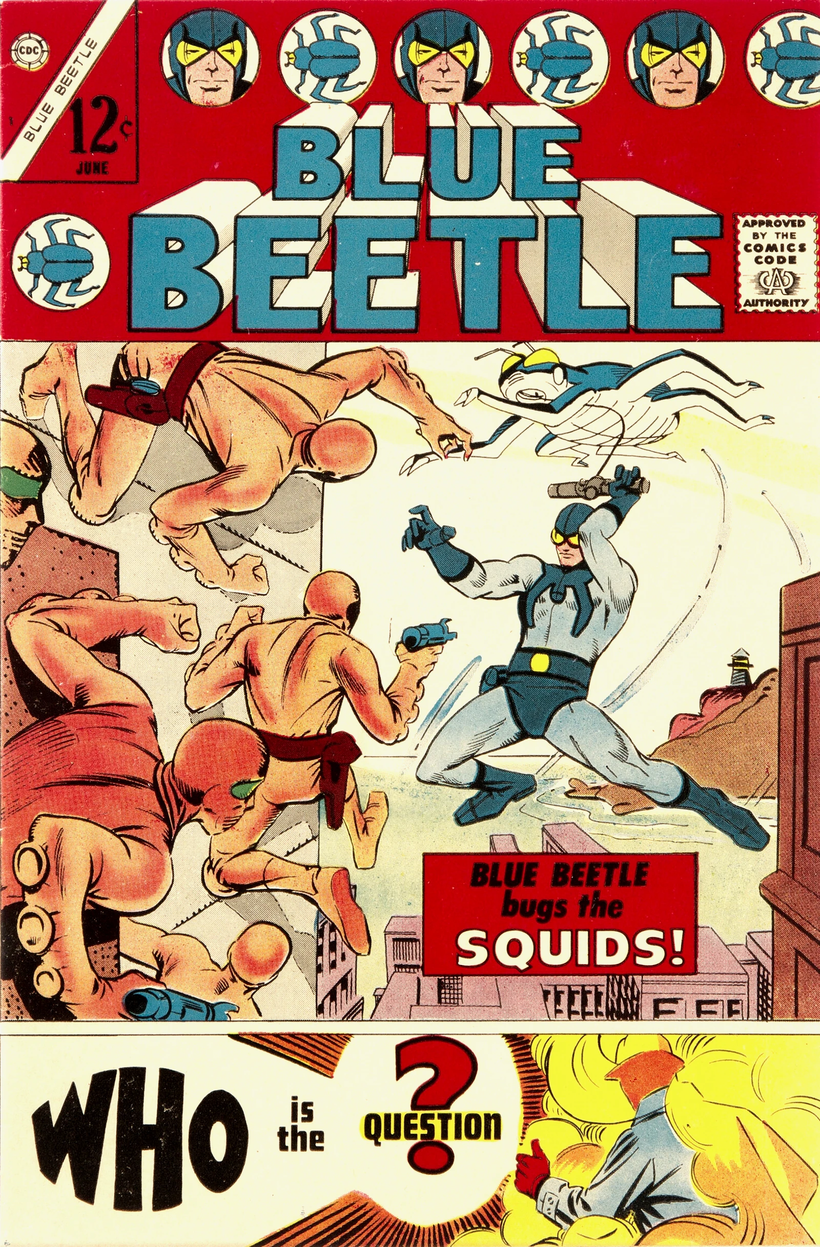二代蓝甲虫的第一部个人连载漫画Blue Beetle V5 第一期，你能在封面下方看到史蒂夫迪特科创造的另一位经典角色“问者”（The Question）