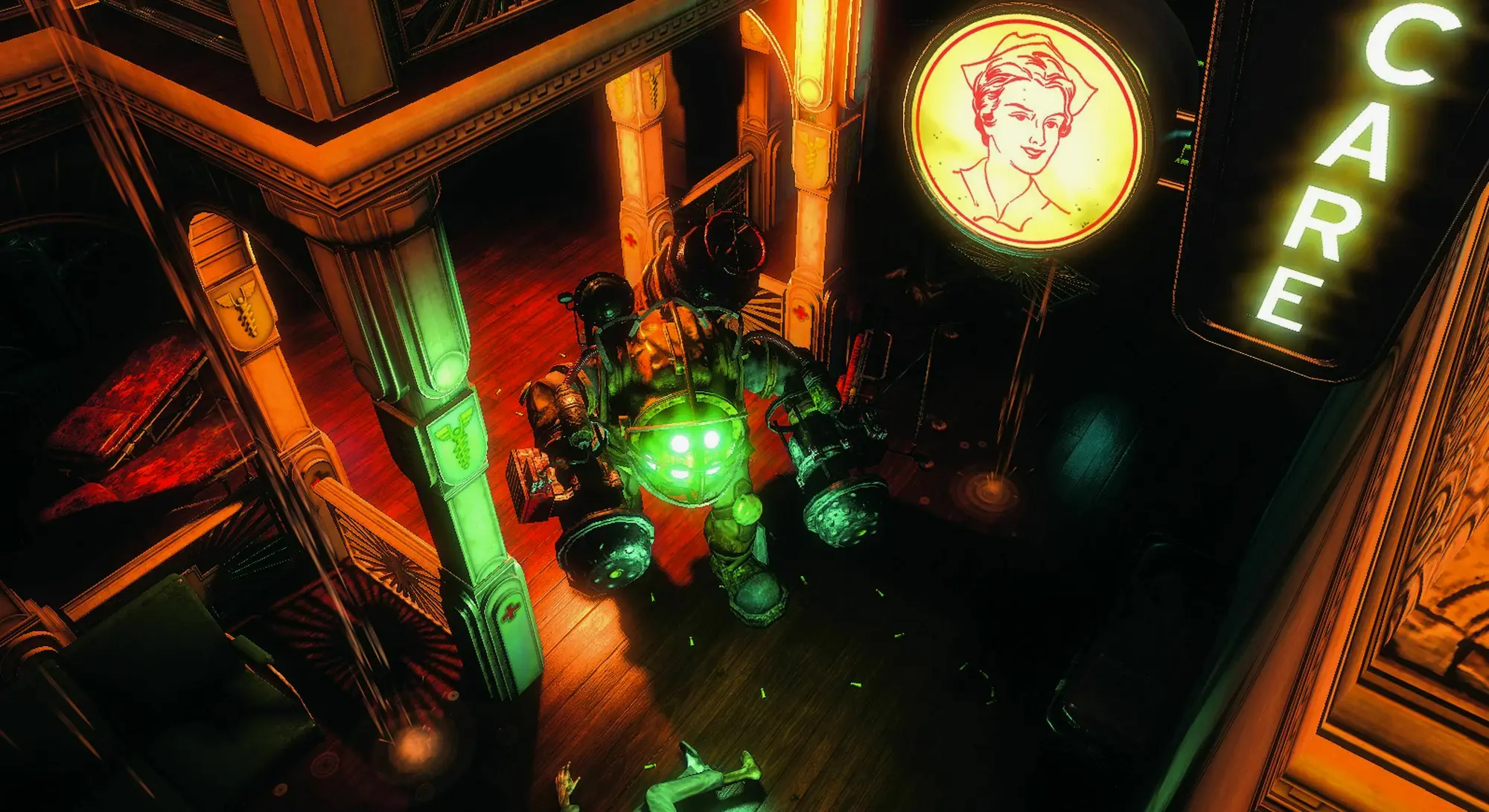 医疗站宣传图中的早期钢钻
（网址：http://stupidgamer.com/wp-content/uploads/2007/08/bioshock.jpg）