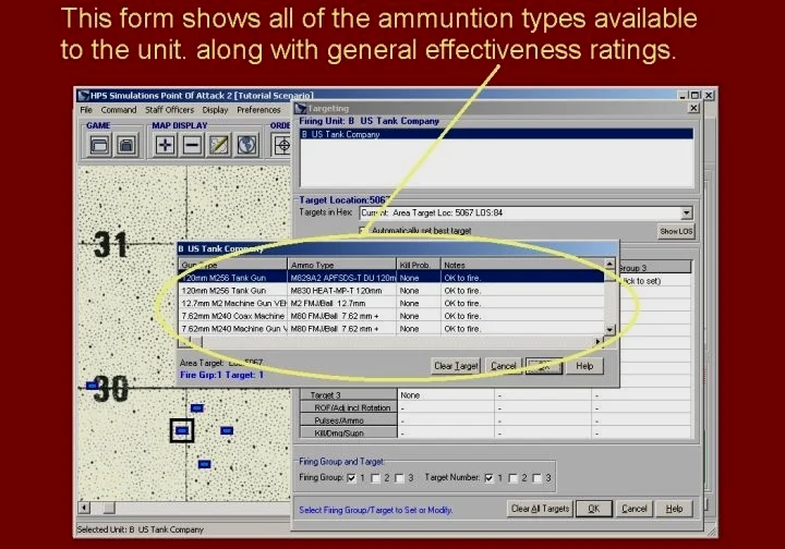 该对话框将显示该单位所有可用的弹药种类，以及效果评估。