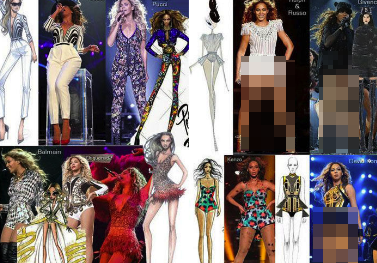 各品牌为 Beyoncé 设计的表演服饰手稿及实际应用图示