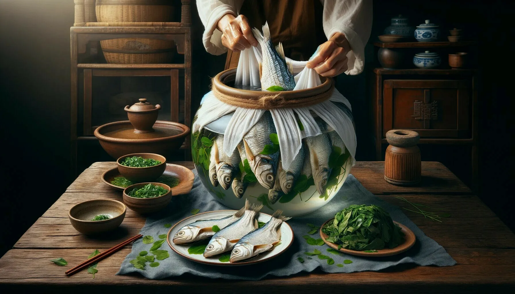 取出干鱼，用布包起来，放在大瓮里泡水。