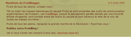  MT當時為《FrutiBlogs》準備的營銷宣傳文                                                                                         大致意思為讓所有用戶團結起來，發起針對經營統治階層的革命