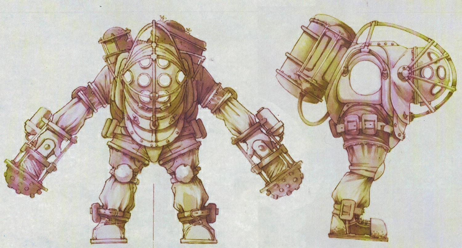 首个钢钻大老爹概念。作者：内特·威尔斯
（网址：https://bioshock2k.tumblr.com/post/155430248322/big-daddy-concept-art-for-bioshock）