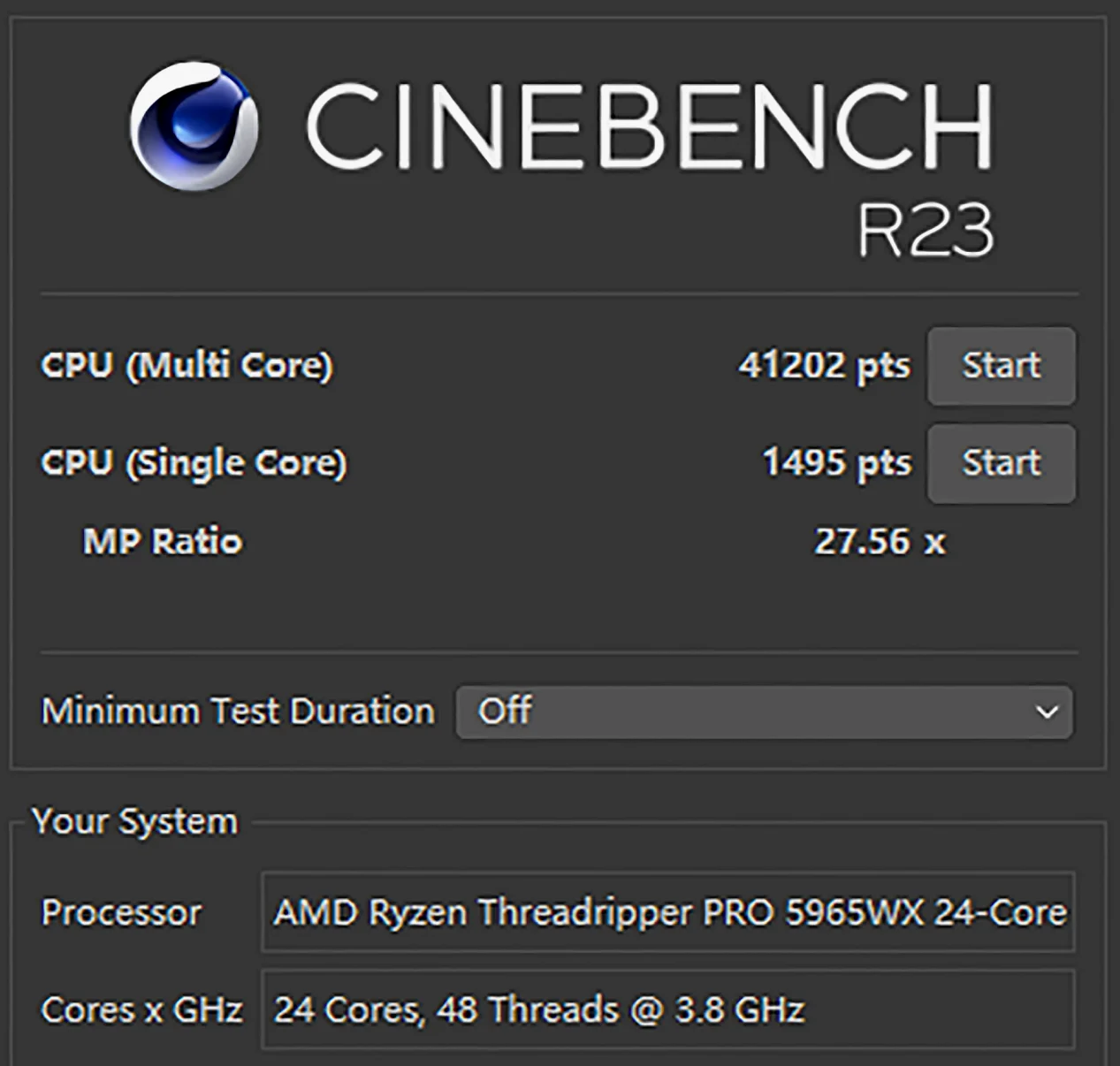 ▲AMD线程撕裂者 PRO 5965WX在R23中的多线程分数高达41202，放眼消费级旗舰中就算同为24核的Intel最高端的酷睿i9 13900KS也难望其项背