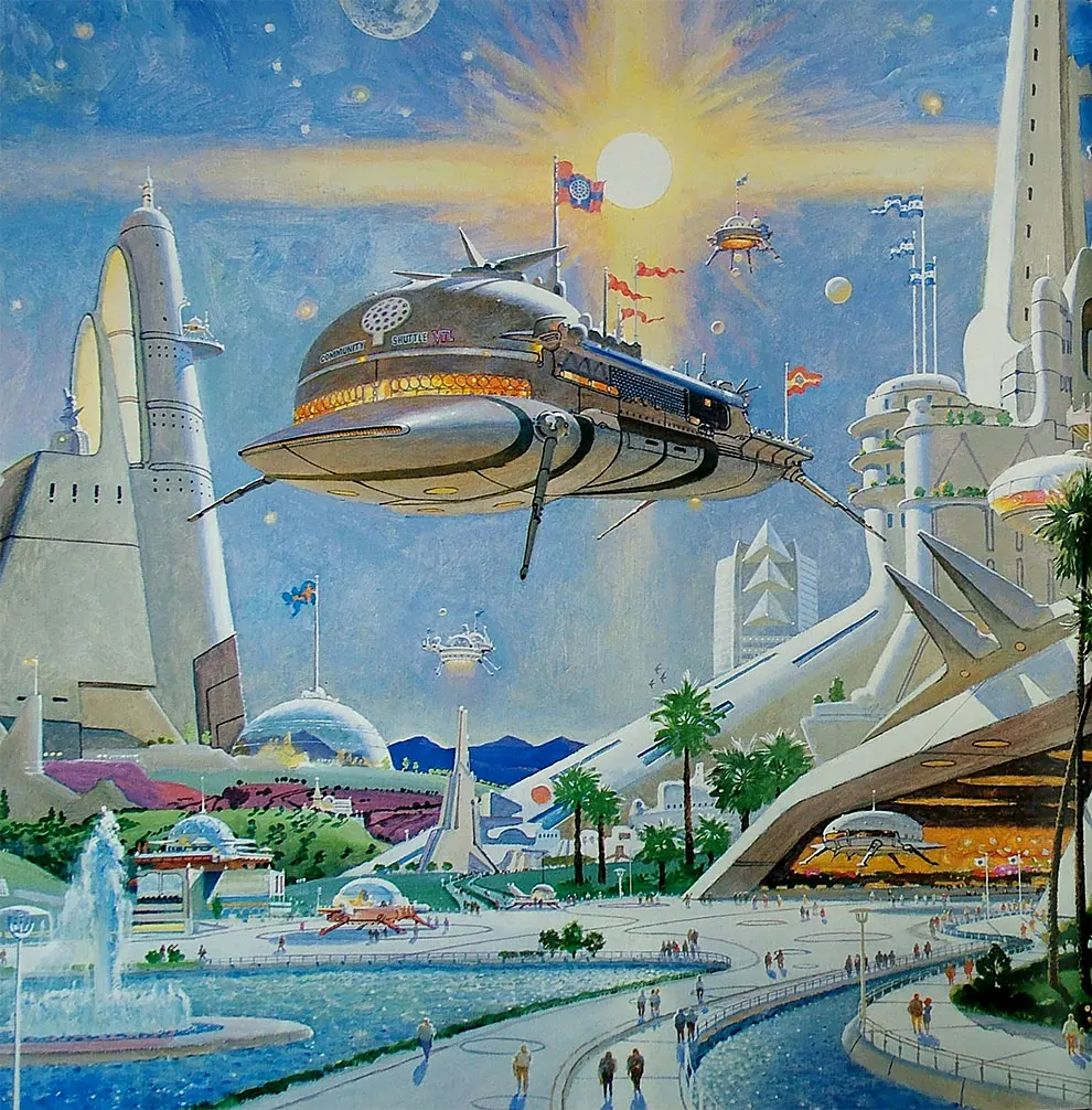 黄金年代、太空时代对未来的璀璨幻想，启发了早期的复古未来主义。如今已经成为了复古未来主义的一个标志。