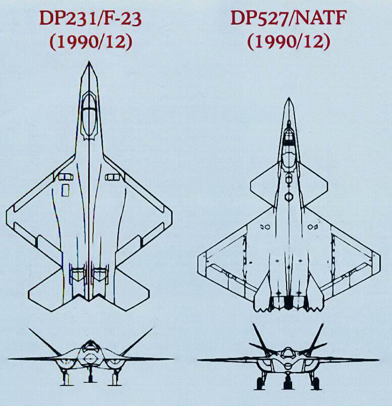相比同期F-23的设计，DP527构型除了机体大幅缩短，翼展也有所加宽。