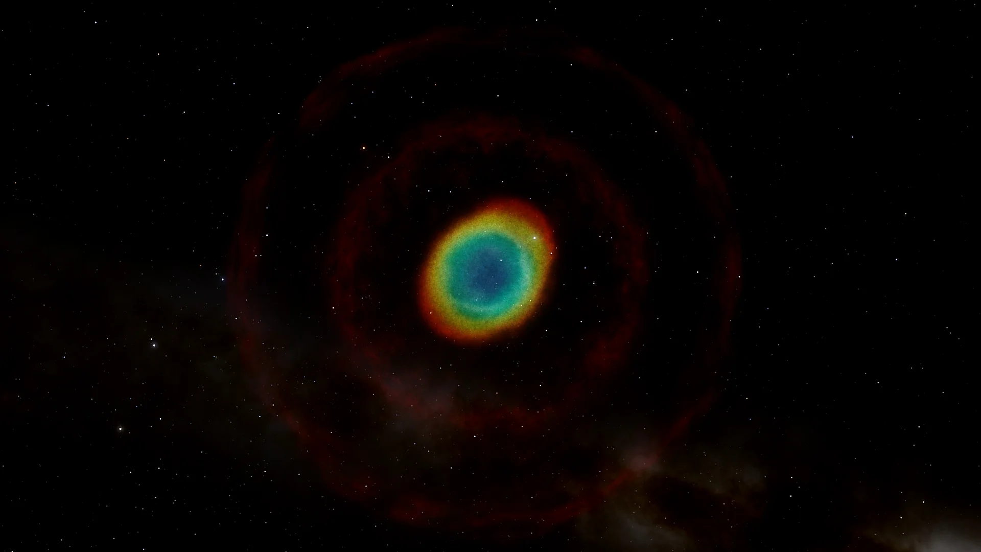M57环状星云，这是一颗大约1。4-2倍太阳质量的恒星在超新星爆发后留下的遗迹，在Space Engine当中依然能看到两道红色的激波，在星云的核心处有一对白矮星