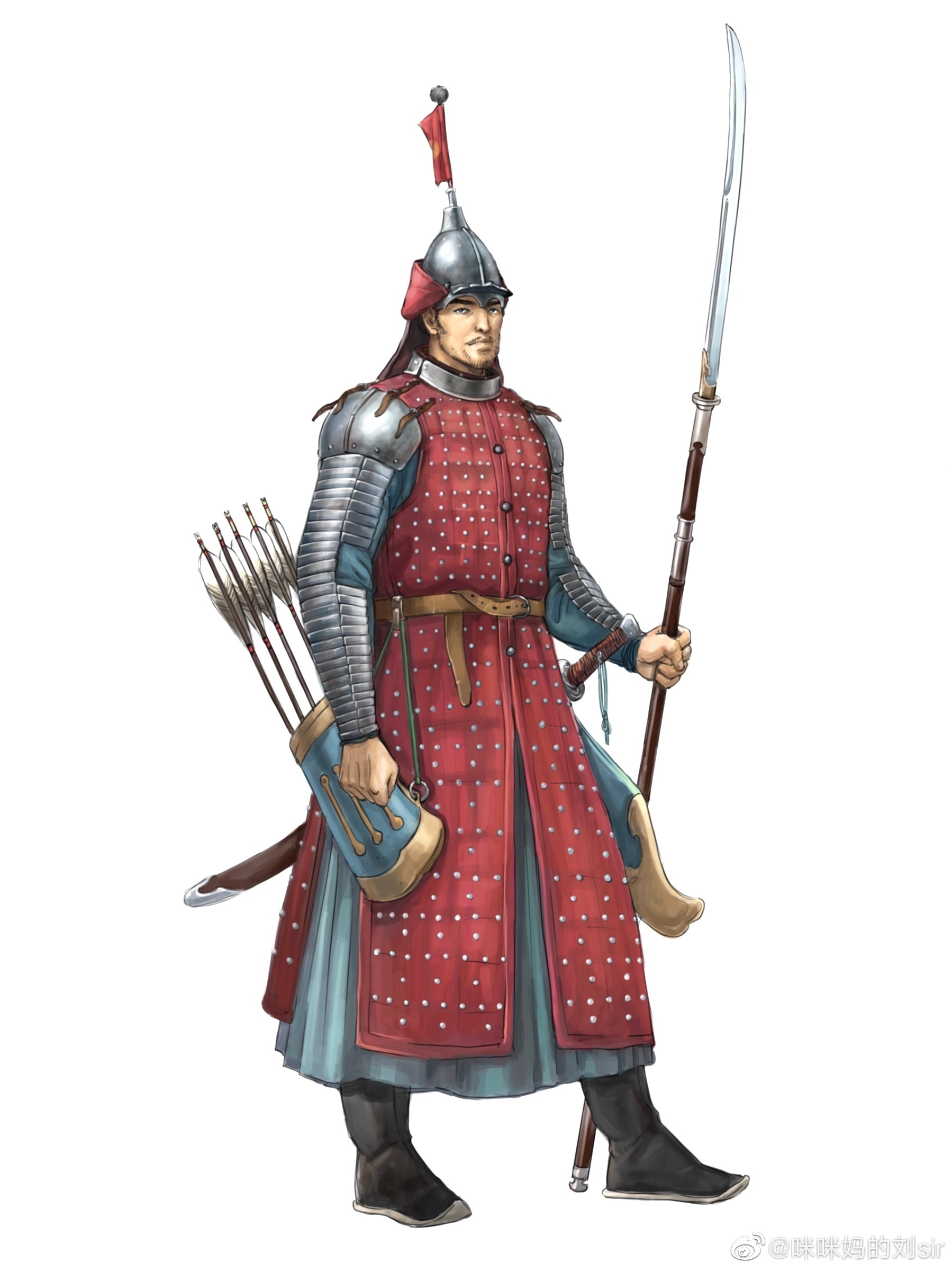 明代开始大规模流行的布面铁甲成为了中国历史最后一种普及的甲胄形式，兼顾防弹和抵御刀剑的功能，其结构和西欧地区的板甲衣十分接近。（图源：咪咪妈的刘Sir）