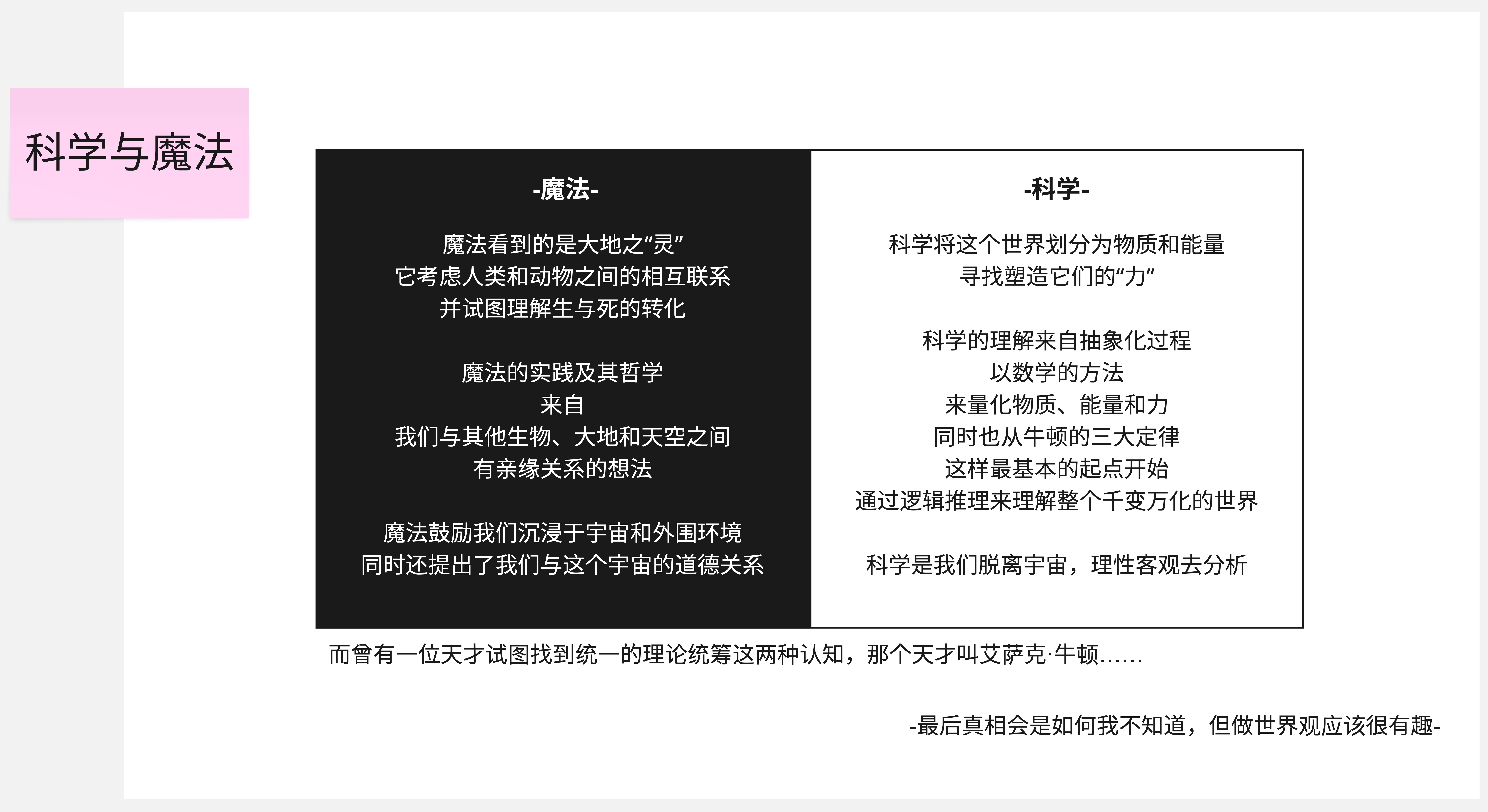 这样来看科学与魔法的对立,会发现这二者就像某种同根同源但最终因为原则问题而背道而驰的兄弟一样…