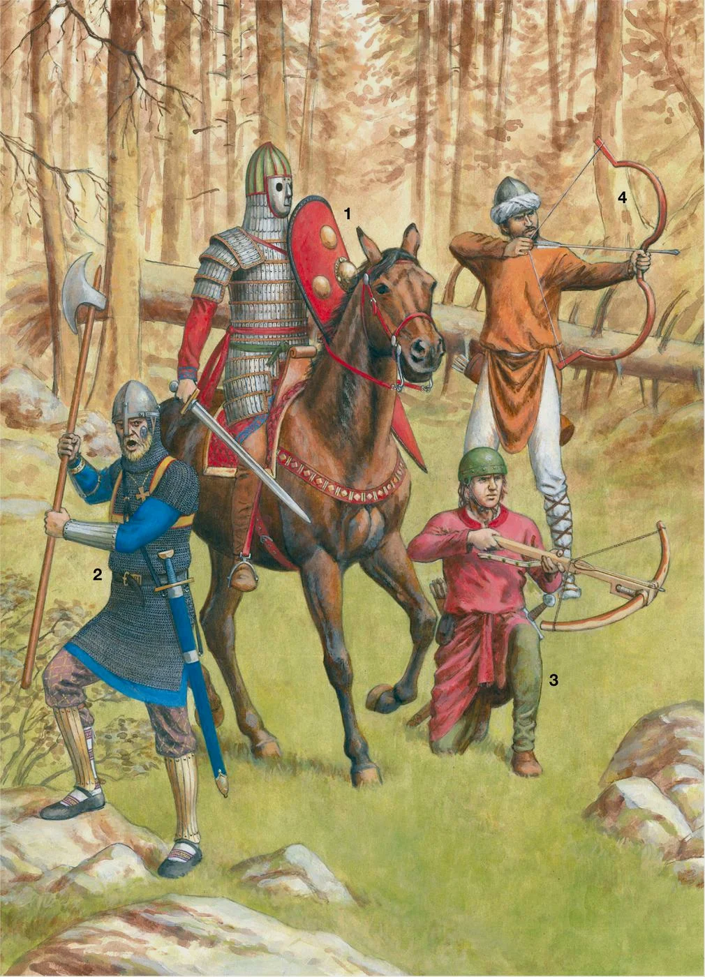 从左到右，瓦兰吉卫队，意大利的诺曼骑士，诺曼弩手，撒拉逊弓箭手
