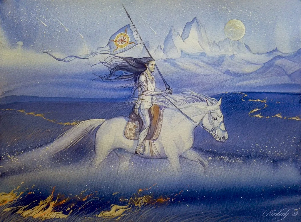 芬国昐骑马在安法乌格砾斯上，其手执旗帜上绘有其家族纹章。