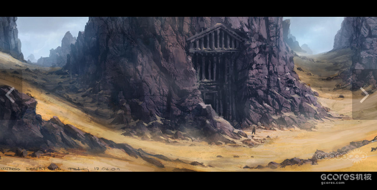 要塞附近的沙漠场景。这张图显示了一个建于岩壁内的古墓入口。在这个场景中，玩家可以自由探索并猎取素材带回要塞。游戏的设计理念就是让世界围着玩家转从而去到各种不同的场景，而不是带着玩家传送到一个又一个新区域。