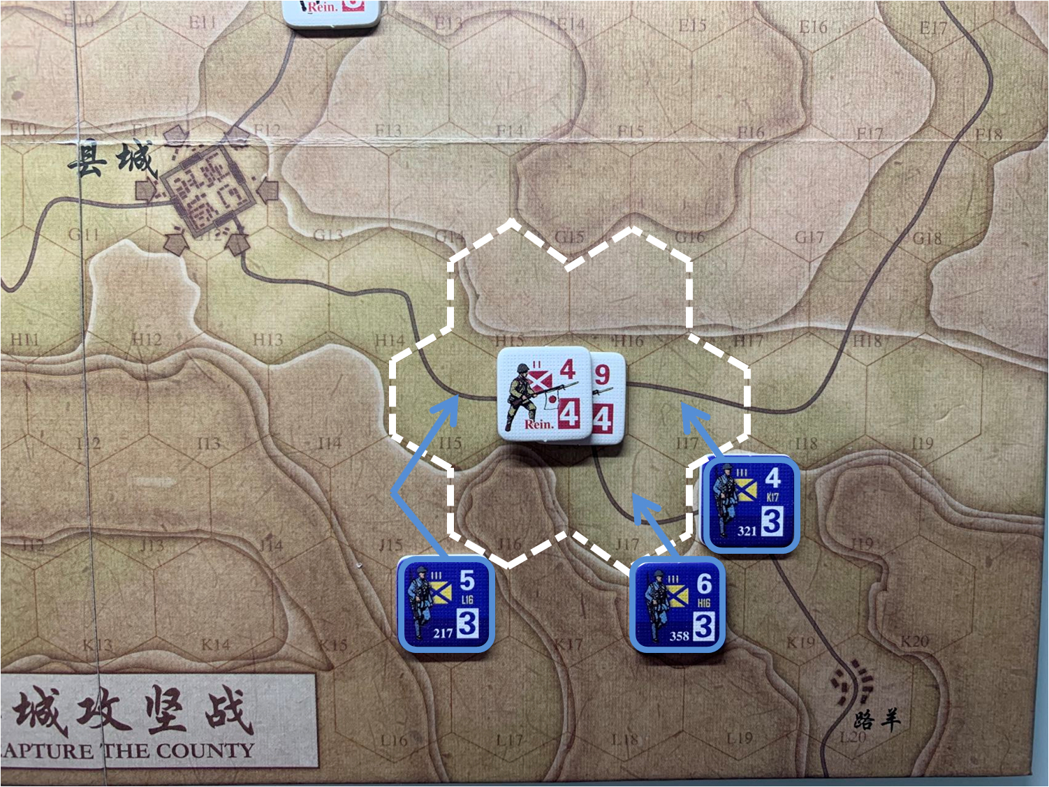 第四回合国军正规军部队对于移动命令1的执行计划，及对应方向日军增援部队控制区覆盖范围