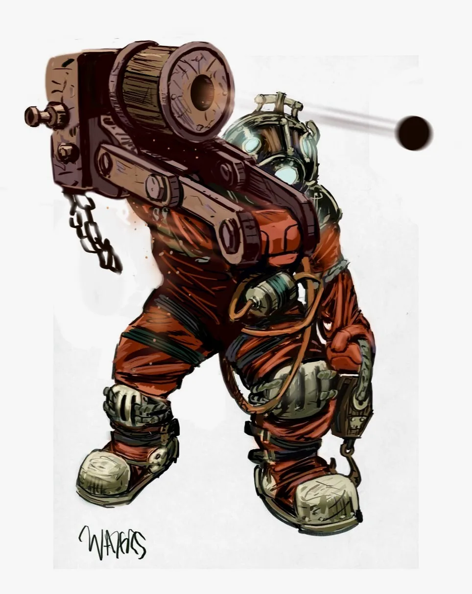 重炮手发射其重炮的概念美术。作者：罗布·沃特斯
（网址：https://bioshock2k.tumblr.com/post/155062379392/little-sisters-were-slightly-different-in-the）