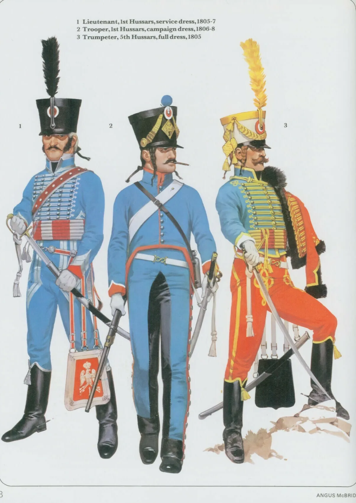 拿破仑的骠骑兵服装，头戴高筒帽，左肩半披大衣