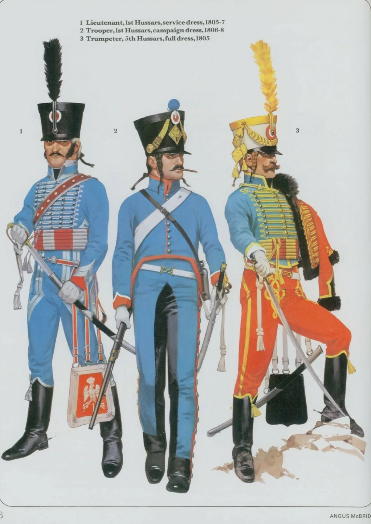 拿破仑的骠骑兵服装，头戴高筒帽，左肩半披大衣