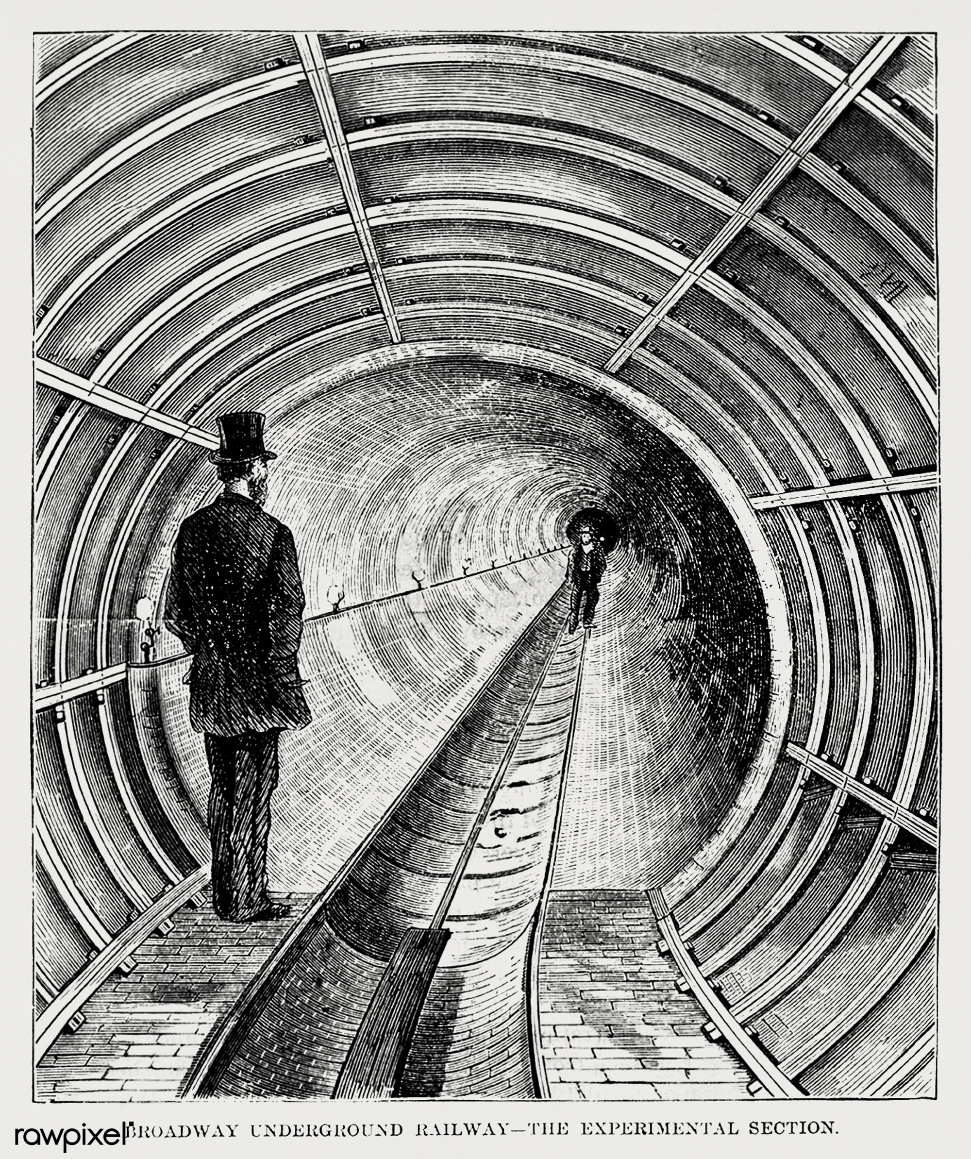 这是纽约包裹速递公司 (New York Parcel Dispatch Company) 1872 年出版的《百老汇地下铁路图解说明》(Illustrated description of the Broadway underground railway) 中，关于百老汇地下铁路的图示——展示了实验路段。