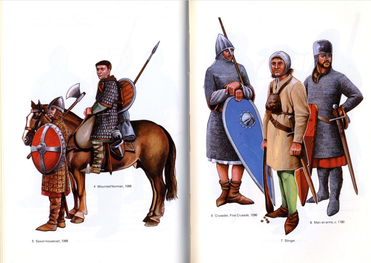 11世纪的西欧骑士贵族开始成为军事斗争的骨干，此时骑士们的甲胄往往以一件锁甲长衫搭配尖顶或平顶金属材质的诺曼头盔为主