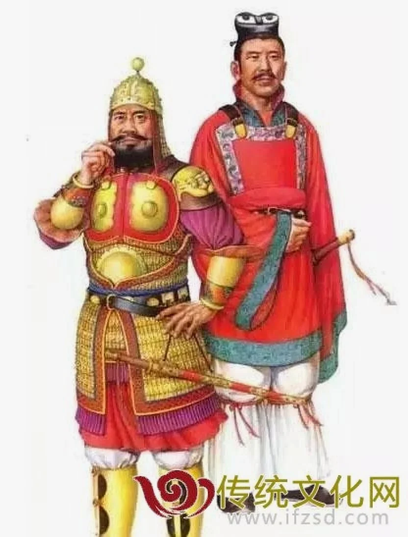 唐代穿明光铠、带兜鍪武士（左）穿袴褶，外罩裲裆武士（右）