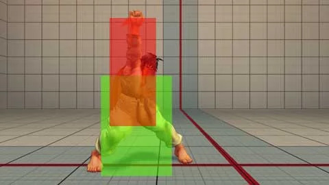 《街头霸王》系列中加藤真琴的攻击范围判定（红）与受击范围判定（绿）