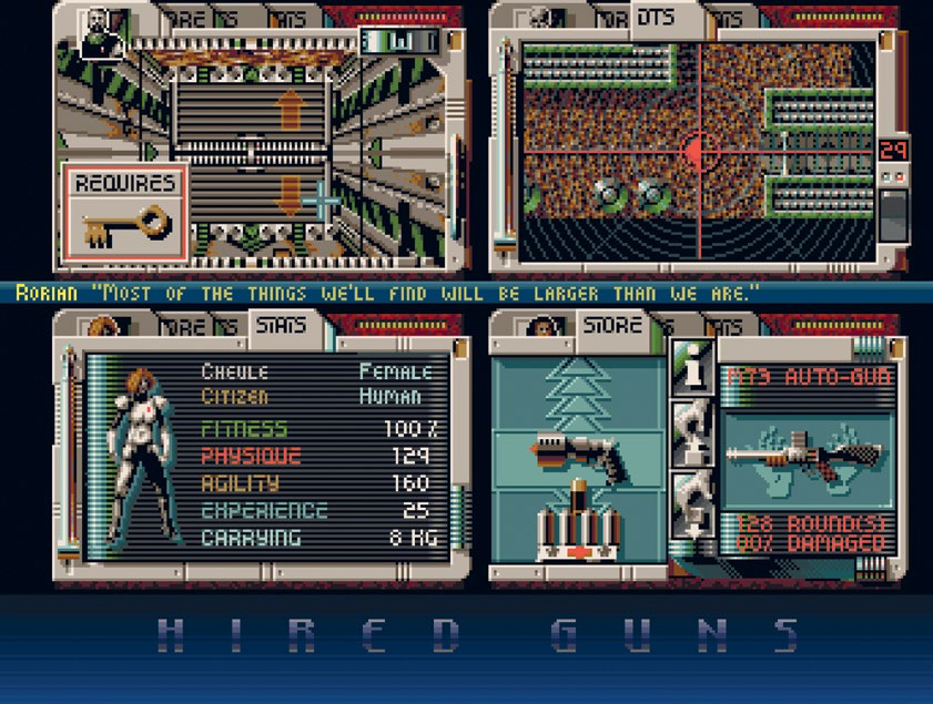 一張 4 人遊戲中的截圖，圖中每個角色顯示了一個不同的界面：第一人稱視角、地圖、狀態和道具。