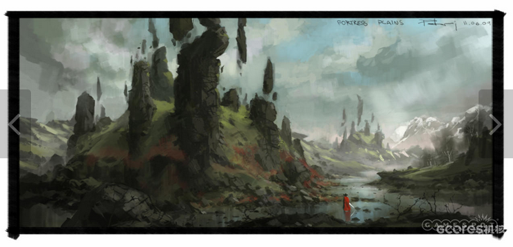 一张秽土平原的设定图，前景中可以看到一个巨石阵般的结构。这是游戏里另一个可以猎取素材的场景。右下角有个似乎是Basch的人影站在沼泽之中。