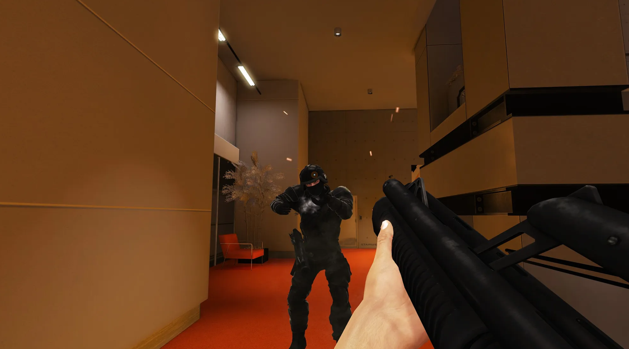 在這個場景中，玩家被鼓勵使用跑酷近身，而不是開槍射擊