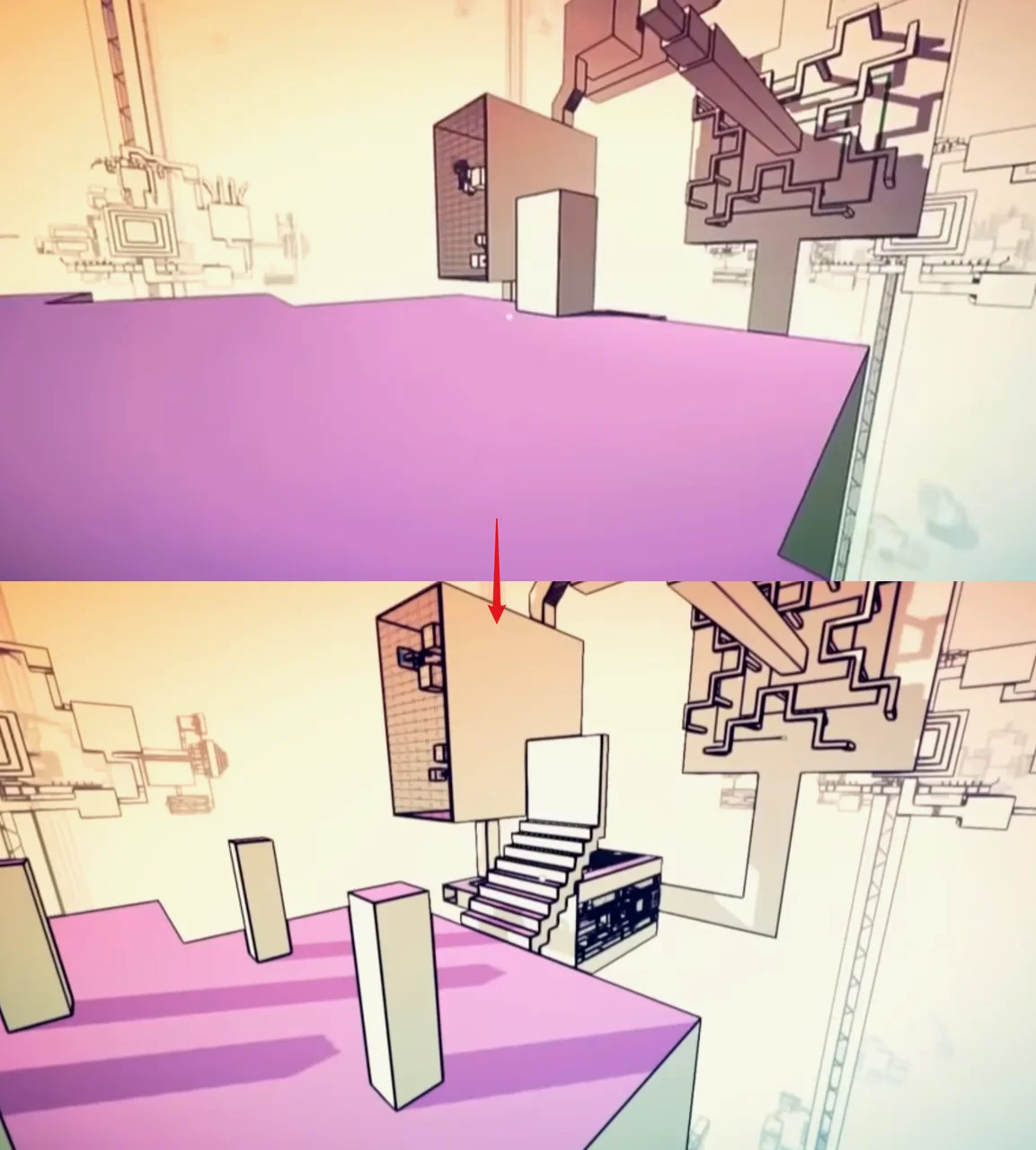 Manifold Garden_使用功能性明确的楼梯代替方块，引导玩家走上去并切换重力