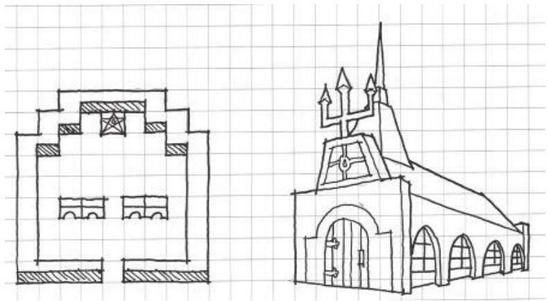 圖 4.18 早期和較新作的《勇者鬥惡龍》遊戲中的教堂草圖。