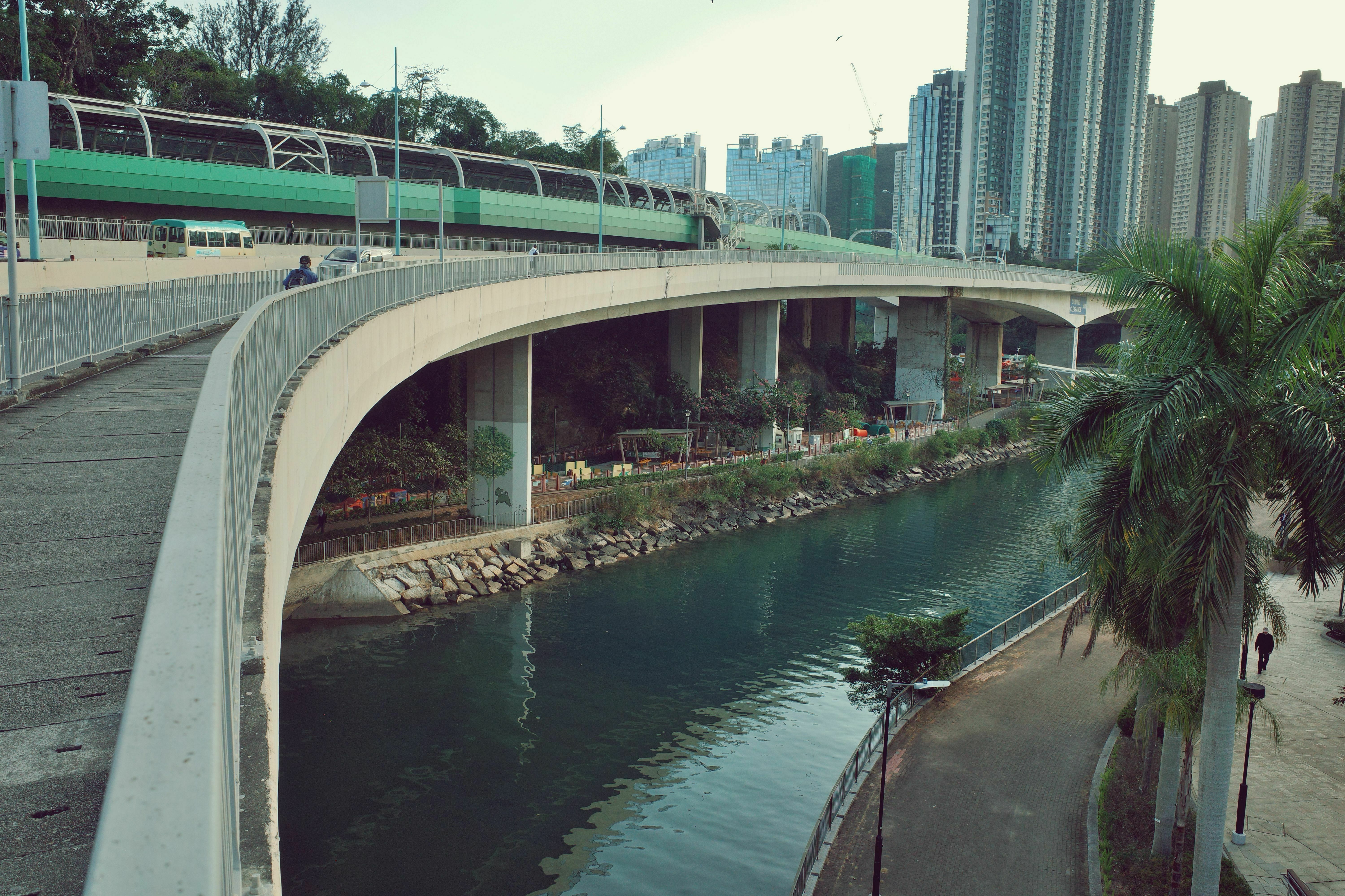 香叶道宠物公园，这个藏身在鸭脷洲大桥下的空间，近年来成为香港桥下空间利用的成功范例之一。原本的狭长空地在设计师的巧妙构思下，被转变为一个既适合宠物活动又满足主人需求的休闲场所。公园将空间分隔成两个区域，大狗和小狗各自拥有独立的活动空间，确保它们可以在不干扰的环境中尽情玩耍。这里不仅有专为宠物设计的跑道，还有凉亭、座椅、狗厕所以及洗手设施等完善的配套设施。当天，公园内显得格外安静，几个人偶尔走过，桥上的车流依旧不断。