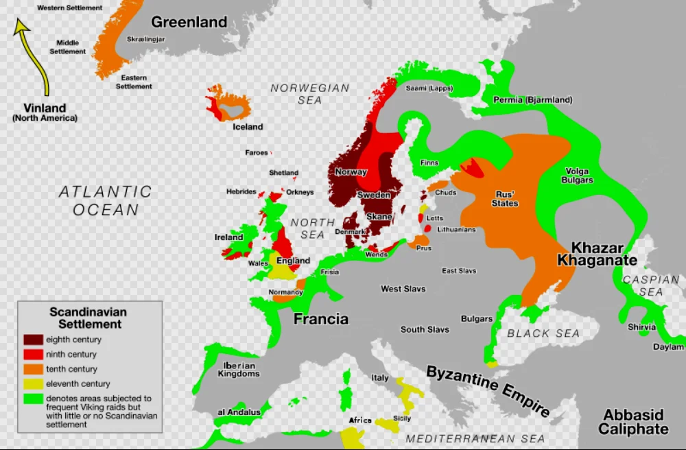8世纪-11世纪维京人在欧洲扩张的示意图