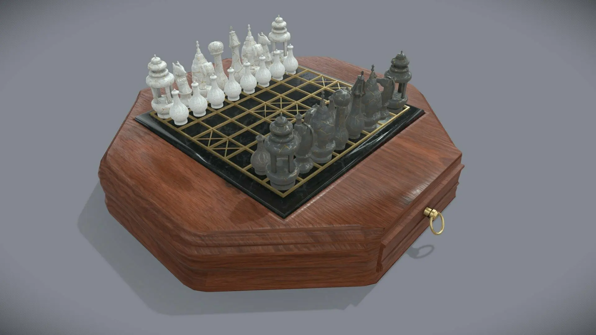 恰图兰卡，图中这副是后人制作的，可见棋盘中的X标志，据信表示城堡，但在恰图兰卡中没有意义。