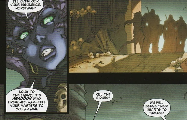 漫画中，Lilith曾警告骑士们要提防Abaddon的野心