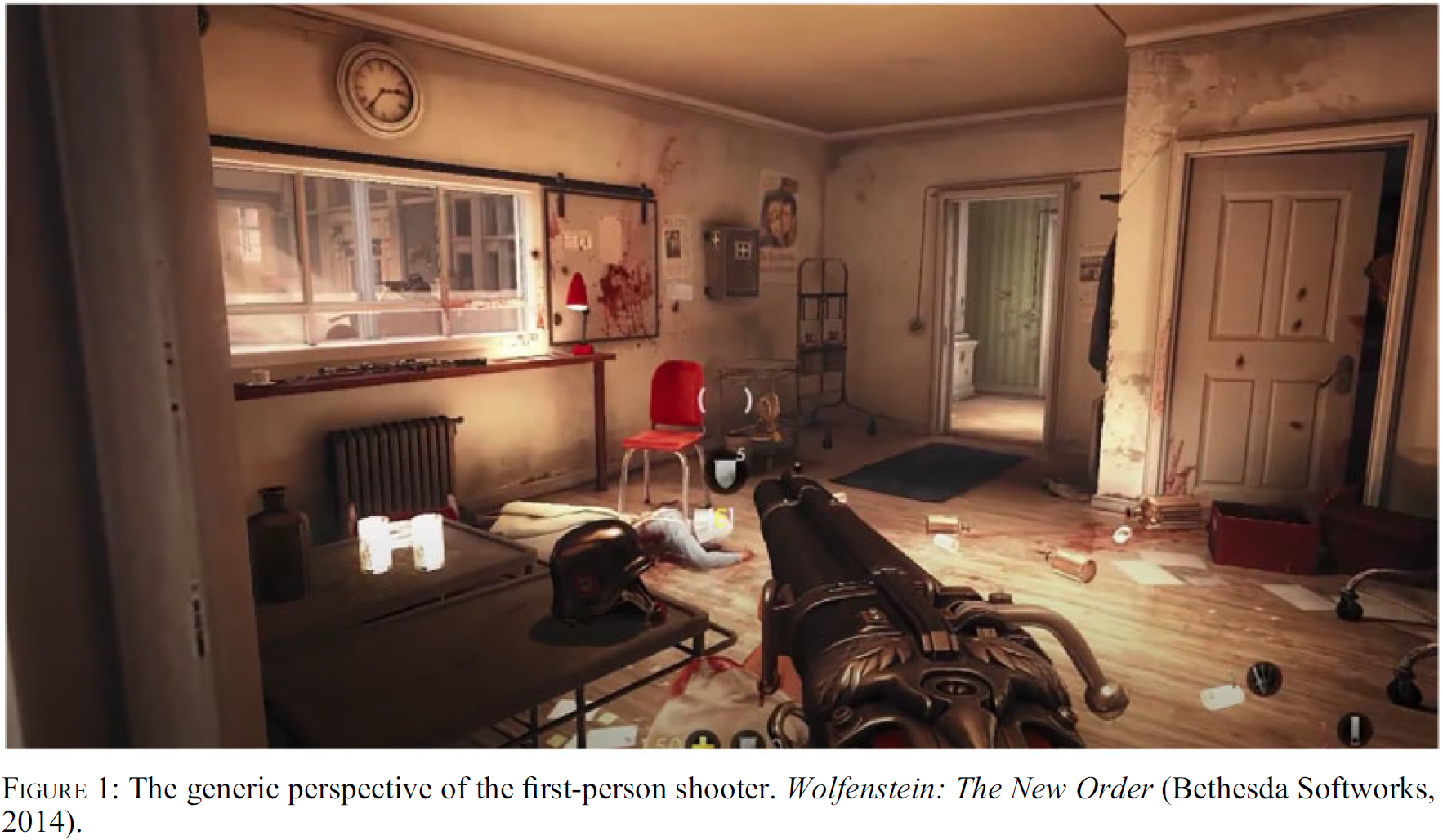 图1：第一人称射击游戏的通常视角。《德军总部：新秩序》（Wolfenstein: The New Order）（Bethesda Softworks, 2014）。