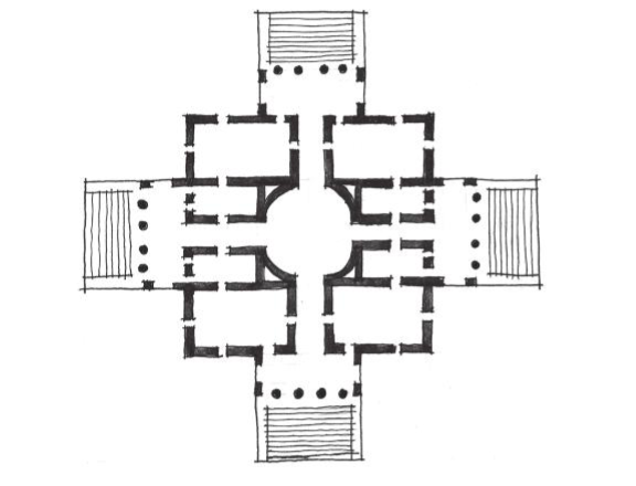 图1.24：Palladio在维琴察的圆形别墅（建于1566年至1570年）既利用了精心设计的空间比例，也利用了令人赏心悦目的门廊，让观众可以俯瞰周围环境。