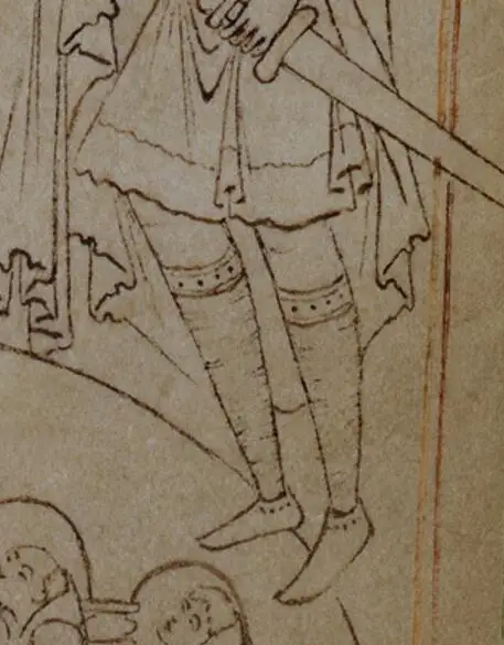 Hyde修道院（Hyde Abbey）的《生命之书》（Liber Vitae）中的克努特王，似乎穿着一双华丽镶边的长筒袜