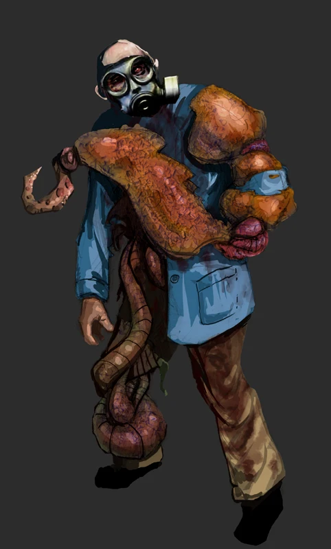 一个带有蟹臂的修补者的一幅早期概念美术
（网址：https://bioshock2k.tumblr.com/post/154813153570/quick-look-at-splicer-concept-art-for-bioshock）