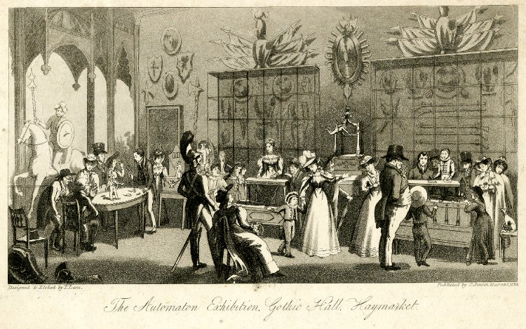 1826年的一場自動機器覽會，在右側展出著能書寫作畫的機器人Maelzel