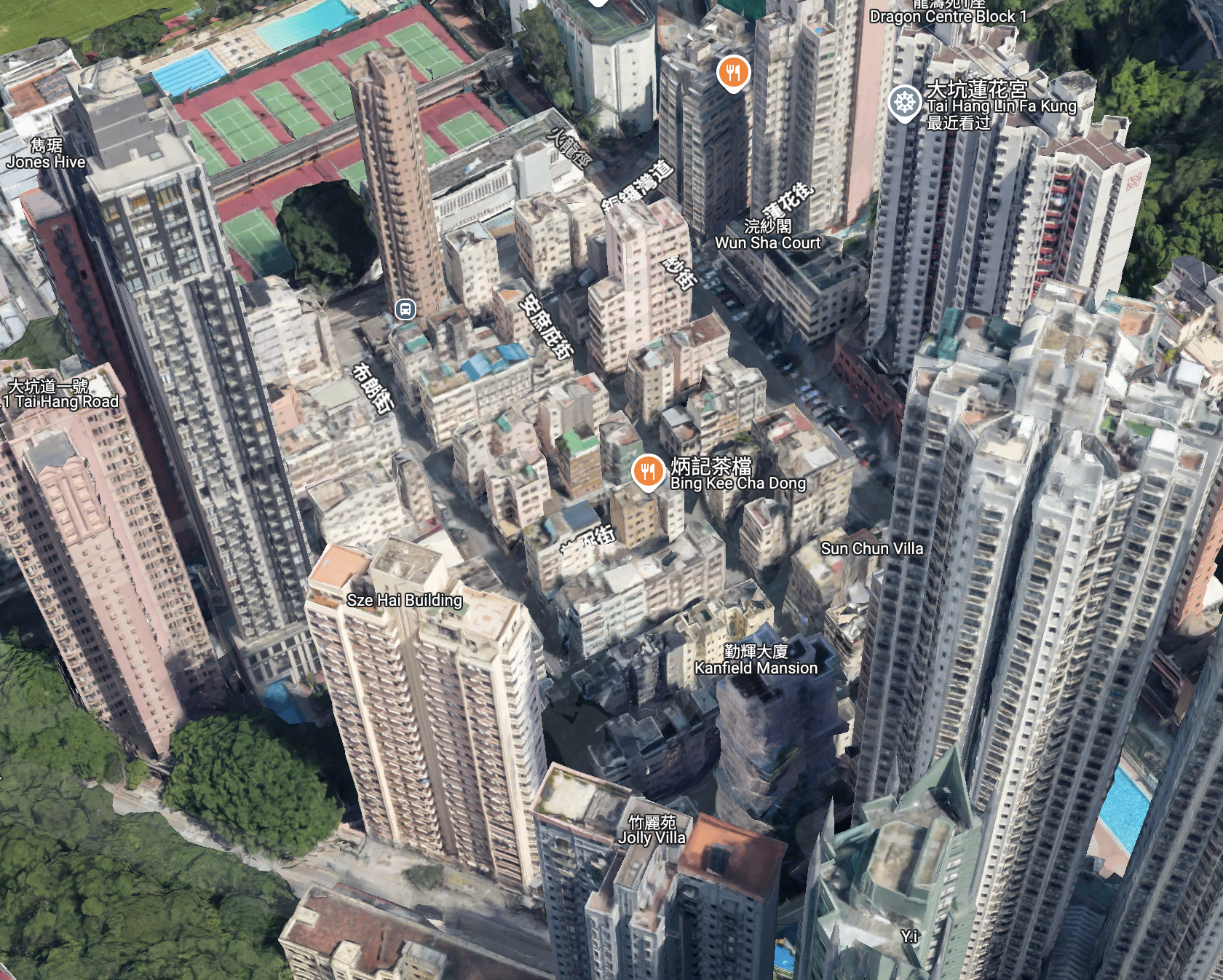 鸟瞰传统大坑街区能看出其井字型的平面布局，6到7层的唐楼群被高耸的豪宅所包围。