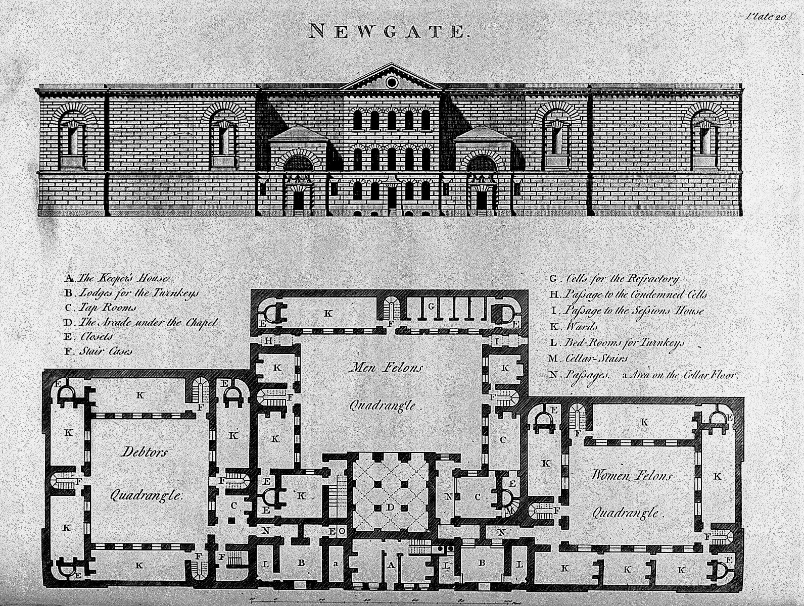 纽盖特监狱，Newgate，判Jacob死刑是因为英国最后一个绞刑犯迈克尔格蓝迪，就死在1868年。包括奥斯卡·王尔德在内的很多有名人物也在这儿待过，是狄更斯小说里的常客。过去的监狱规模都非常小，因此在现代已经不适合使用，大多数进行了翻新并作他用。不过纽盖特监狱1904年拆除，原址新建了现在的中央刑事法庭。这里涉及到一个概念会在下一部分详细谈。