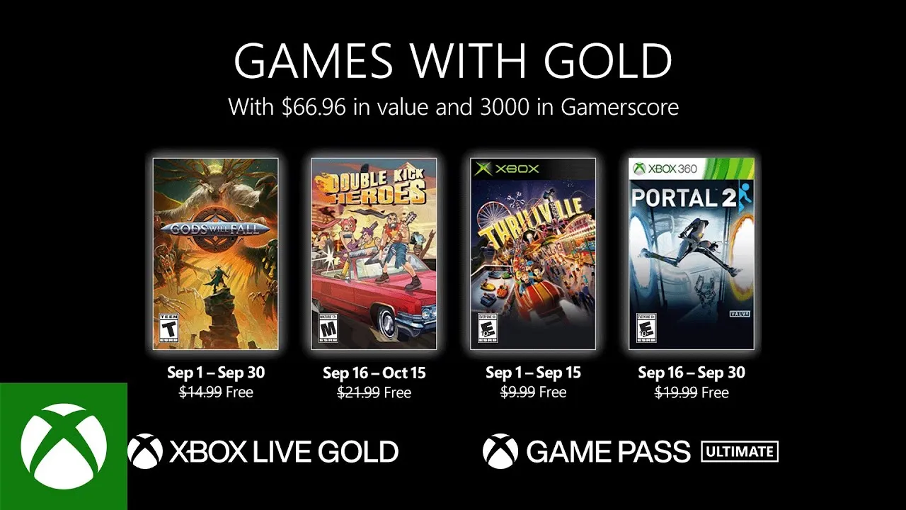微软公布9月Xbox金会员免费阵容，《传送门2》成为最后一款会免360游戏