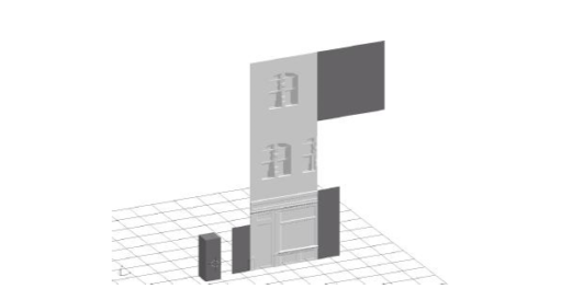 圖2.36：這個截圖展示了建築側面的一些關卡幾何瓦片，以及一些以深色顯示的參考模型。矩形實體模型的尺寸被縮放到一個角色的大小，而平面關卡幾何參考模型在遊戲引擎中被縮放為1個單位乘以3個單位和3個單位乘以3個單位。同時還展示了一扇門的參考模型。
