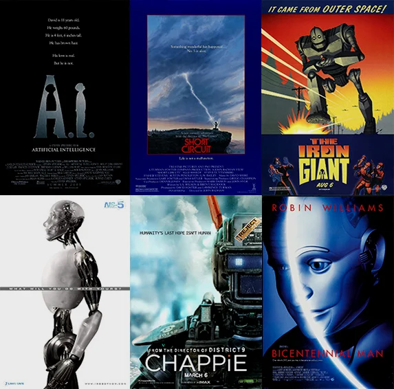 从左到右从上到下：人工智能、霹雳五号、钢铁巨人、我机器人、超能查派、变人